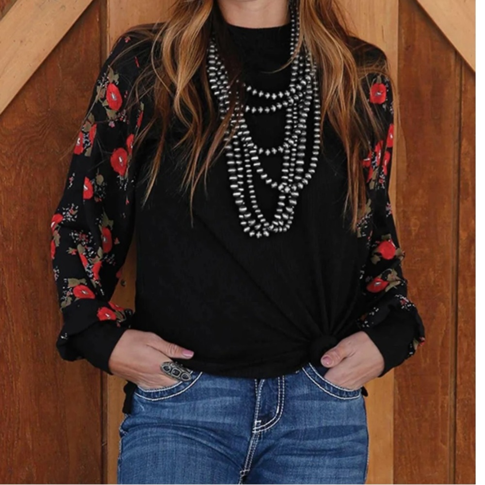 Cruel Denim Women's Long Sleeve black Red Floral Blouse Size M